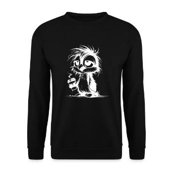 Verwuschelter müder Pinguin mit Kaffeebecher - Unisex Pullover - Schwarz - Vorne - Alina (178cm) & Michal (187cm)