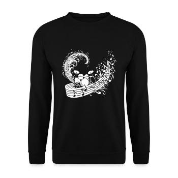 Schlagzeug mit schwebenden Musik Noten - Unisex Pullover - Schwarz - Vorne - Alina (178cm) & Michal (187cm)