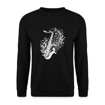 Saxophon mit schwebenden Musik Noten - Unisex Pullover - Schwarz - Vorne - Alina (178cm) & Michal (187cm)