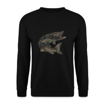 Hecht Petri Heil Angeln Angler Spruch Fischen - Unisex Pullover - Schwarz - Vorne - Alina (178cm) & Michal (187cm)
