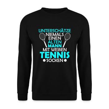 Alter Mann mit Tennissocken Tennis Tennisspieler - Unisex Pullover - Schwarz - Vorne - Alina (178cm) & Michal (187cm)