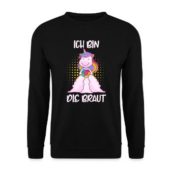 JGA Spruch ich bin die Braut Einhorn Polterabend - Unisex Pullover - Schwarz - Vorne - Alina (178cm) & Michal (187cm)