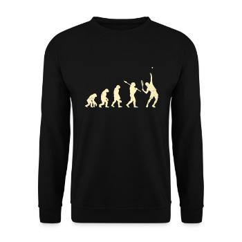 Tennis Affe Mensch Evolution Aufschlag Tennisspiel - Unisex Pullover - Schwarz - Vorne - Alina (178cm) & Michal (187cm)