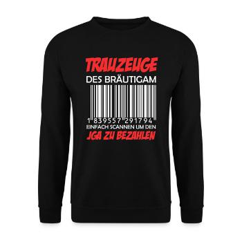 Trauzeuge des Bräutigam Strichcode JGA - Unisex Pullover - Schwarz - Vorne - Alina (178cm) & Michal (187cm)