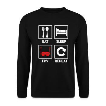 Quadrocopter Spruch Eat Sleep FPV Repeat Drohne - Unisex Pullover - Schwarz - Vorne - Alina (178cm) & Michal (187cm)