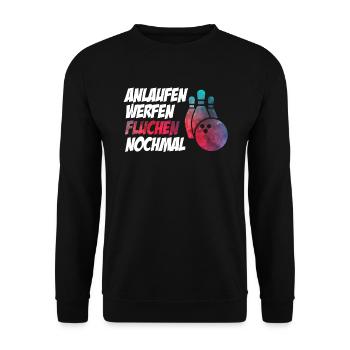 Lustiger Bowling Spruch Anlaufen Werfen - Unisex Pullover - Schwarz - Vorne - Alina (178cm) & Michal (187cm)