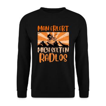 Mountainbike Geschenk MTB Spruch selten radlos - Unisex Pullover - Schwarz - Vorne - Alina (178cm) & Michal (187cm)