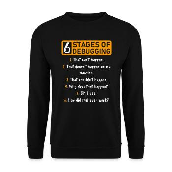 6 Stufen des Debugging Software Entwickler - Unisex Pullover - Schwarz - Vorne - Alina (178cm) & Michal (187cm)