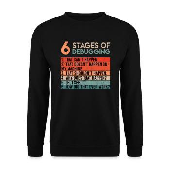 6 Stages of Debugging Informatiker Coder Software - Unisex Pullover - Schwarz - Vorne - Alina (178cm) & Michal (187cm)