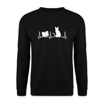 Bücher Katzen Herzschlag Liebe Herz - Unisex Pullover - Schwarz - Vorne - Alina (178cm) & Michal (187cm)