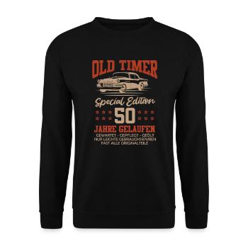 Oldimer 50 Jahre gelaufen 50. Geburtstag - Unisex Pullover - Schwarz - Vorne - Alina (178cm) & Michal (187cm)