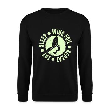 Wing Foil Spruch Eat Sleep Wing Foil Repeat - Unisex Pullover - Schwarz - Vorne - Alina (178cm) & Michal (187cm)