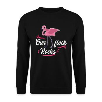 Our flock rocks Pink Flamingo Feiern - Unisex Pullover - Schwarz - Vorne - Alina (178cm) & Michal (187cm)
