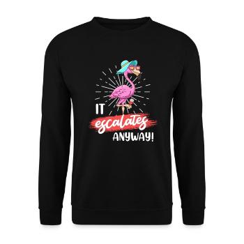 Party Spruch es eskaliert eh Party Flamingo - Unisex Pullover - Schwarz - Vorne - Alina (178cm) & Michal (187cm)