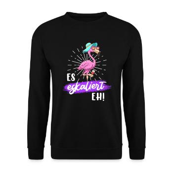 Party Spruch es eskaliert eh Party Flamingo - Unisex Pullover - Schwarz - Vorne - Alina (178cm) & Michal (187cm)