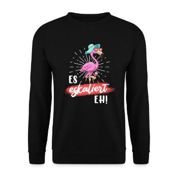Party Spruch es eskaliert eh Party Flamingo - Unisex Pullover - Schwarz - Vorne - Alina (178cm) & Michal (187cm)