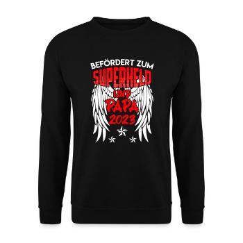 Superheld und Papa 2023 werdender Papa - Unisex Pullover - Schwarz - Vorne - Alina (178cm) & Michal (187cm)
