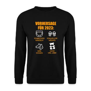 Werdende Eltern Vorhersage für 2023 Werdender Papa - Unisex Pullover - Schwarz - Vorne - Alina (178cm) & Michal (187cm)