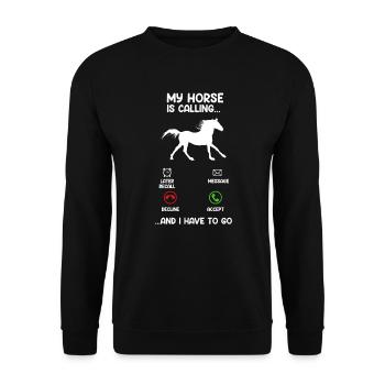 Mein Pferd ruft an - Ich muss los Reiterin - Unisex Pullover - Schwarz - Vorne - Alina (178cm) & Michal (187cm)