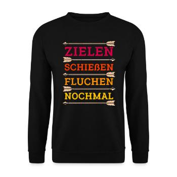 Zielen Schießen Fluchen nochmal Bogenschütze - Unisex Pullover - Schwarz - Vorne - Alina (178cm) & Michal (187cm)