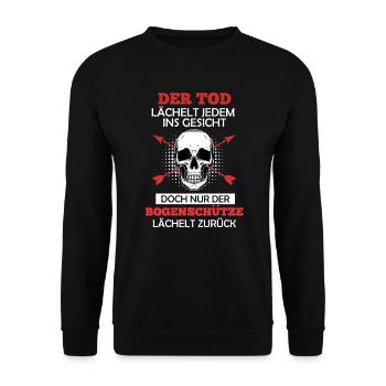 Bogenschütze lächelt Bogenschießen Spruch - Unisex Pullover - Schwarz - Vorne - Alina (178cm) & Michal (187cm)