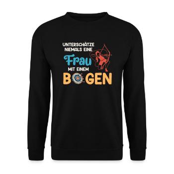 Unterschätze nie Frau mit Bogen Bogenschießen - Unisex Pullover - Schwarz - Vorne - Alina (178cm) & Michal (187cm)