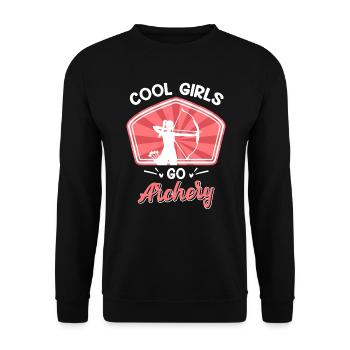 Coole Frauen gehen Bogenschießen - Unisex Pullover - Schwarz - Vorne - Alina (178cm) & Michal (187cm)