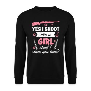 Ich schieße wie ein Mädchen Sportschießen - Unisex Pullover - Schwarz - Vorne - Alina (178cm) & Michal (187cm)