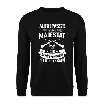 Aufgepasst Schützenkönig betritt Raum Schütze - Unisex Pullover - Schwarz - Vorne - Alina (178cm) & Michal (187cm)