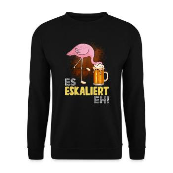 Es eskaliert eh Biertrinker Flamingo Malle - Unisex Pullover - Schwarz - Vorne - Alina (178cm) & Michal (187cm)