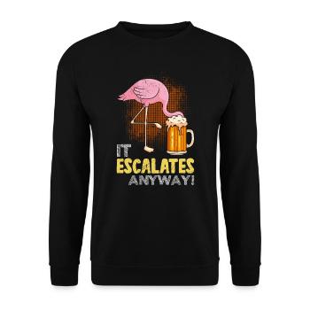 Es eskaliert eh Biertrinker Flamingo Malle - Unisex Pullover - Schwarz - Vorne - Alina (178cm) & Michal (187cm)