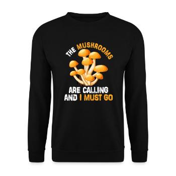Pilzsammler Spruch die Pilze rufen - Unisex Pullover - Schwarz - Vorne - Alina (178cm) & Michal (187cm)