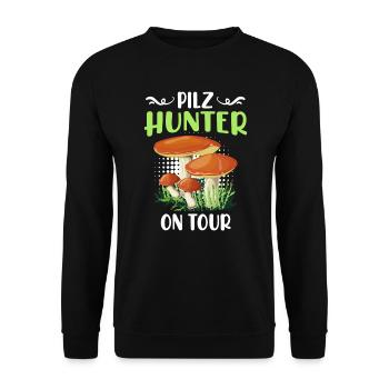 Pilz Hunter on Tour Pilzsammler - Unisex Pullover - Schwarz - Vorne - Alina (178cm) & Michal (187cm)
