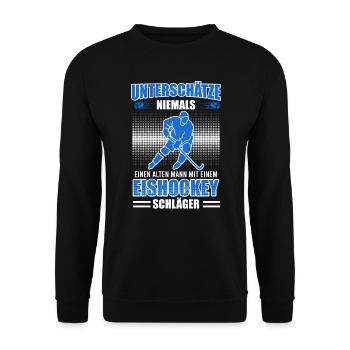 Alter man mit Eishockey Schläger - Unisex Pullover - Schwarz - Vorne - Alina (178cm) & Michal (187cm)