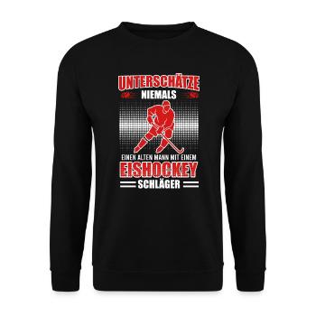 Alter man mit Eishockey Schläger - Unisex Pullover - Schwarz - Vorne - Alina (178cm) & Michal (187cm)