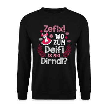 Zefix wo zum deifi is mein dirndl trachtenshirt - Unisex Pullover - Schwarz - Vorne - Alina (178cm) & Michal (187cm)
