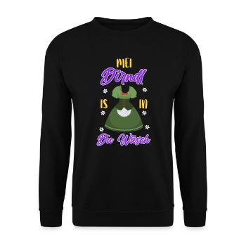 Mein Dirndl is in die da Wäsch Damen Trachten - Unisex Pullover - Schwarz - Vorne - Alina (178cm) & Michal (187cm)