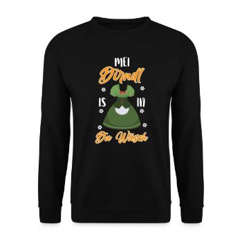 Mein Dirndl is in die da Wäsch Damen Trachten - Unisex Pullover - Schwarz - Vorne - Alina (178cm) & Michal (187cm)