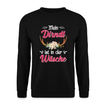 Mein Dirndl ist in der Wäsche Bayern Trachten - Unisex Pullover - Schwarz - Vorne - Alina (178cm) & Michal (187cm)