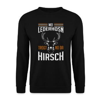 mei lederhosn trogt no da hirsch - Unisex Pullover - Schwarz - Vorne - Alina (178cm) & Michal (187cm)