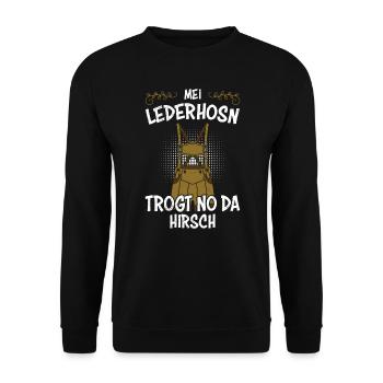 mei lederhosn trogt no da hirsch - Unisex Pullover - Schwarz - Vorne - Alina (178cm) & Michal (187cm)