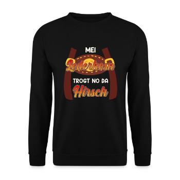 Mei Lederhosn trogt no da Hirsch Trachten - Unisex Pullover - Schwarz - Vorne - Alina (178cm) & Michal (187cm)