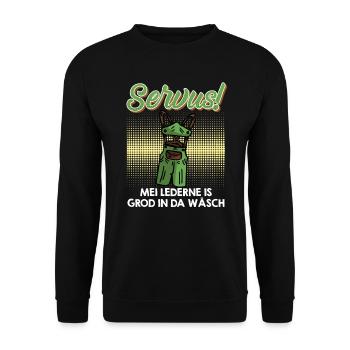 Mei Lederne is grod on da Wäsch Bayern Bier - Unisex Pullover - Schwarz - Vorne - Alina (178cm) & Michal (187cm)