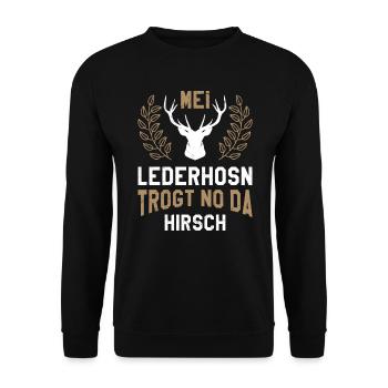 mei lederhosn trogt no da hirsch - Unisex Pullover - Schwarz - Vorne - Alina (178cm) & Michal (187cm)