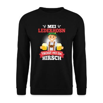 Mei Lederhosn trogt no da Hirsch Bayern Trachten - Unisex Pullover - Schwarz - Vorne - Alina (178cm) & Michal (187cm)