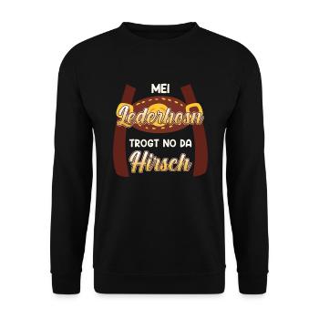 Mei Lederhosn trogt no da Hirsch Trachten - Unisex Pullover - Schwarz - Vorne - Alina (178cm) & Michal (187cm)