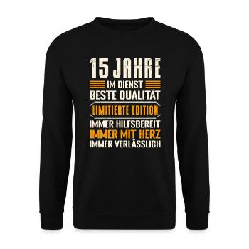 Arbeitsjubiläum 15 Jahre Dienstjubiläum - Unisex Pullover - Schwarz - Vorne - Alina (178cm) & Michal (187cm)