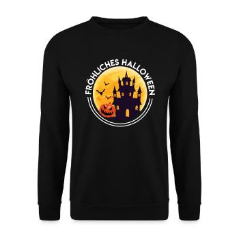 Halloween Schloss Fröhliches Halloween - Unisex Pullover - Schwarz - Vorne - Alina (178cm) & Michal (187cm)