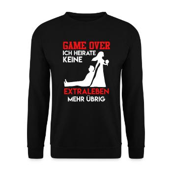 Game over - JGA Männer Hochzeit - Unisex Pullover - Schwarz - Vorne - Alina (178cm) & Michal (187cm)