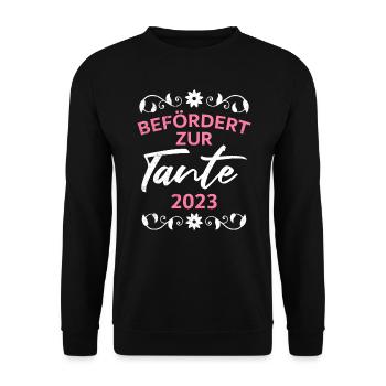 Befördert zur Tante 2023 Ich werde Tante - Unisex Pullover - Schwarz - Vorne - Alina (178cm) & Michal (187cm)